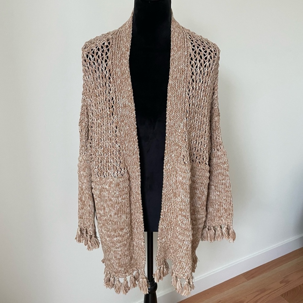 Cotton by Autumn Cashmere Pecan Natural Tassel Open Cardigan N11476 NWT Size S
